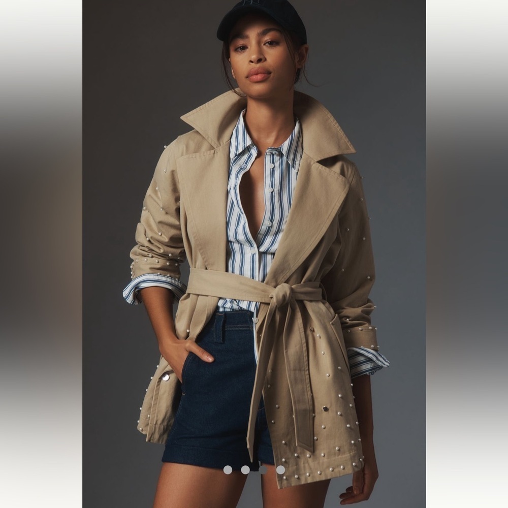 NWT Anthropologie Dolan Beige Pearl-Embellished Trench Coat